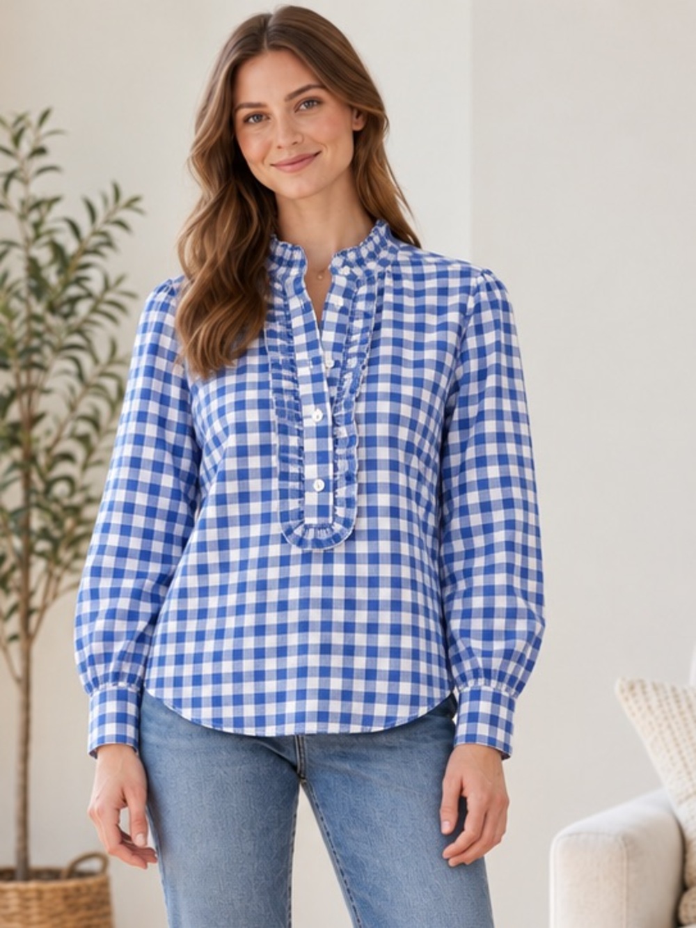 J. Crew Classic fit ruffle popover in crinkle gingham Blue White size 4